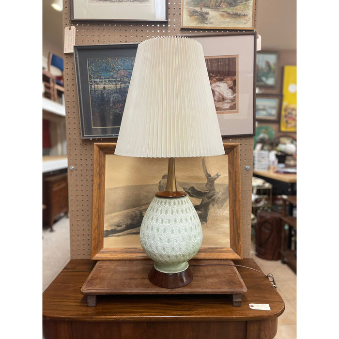 Vintage Table Lamp With Ceramic Base and Walnut Toned Wood Accents