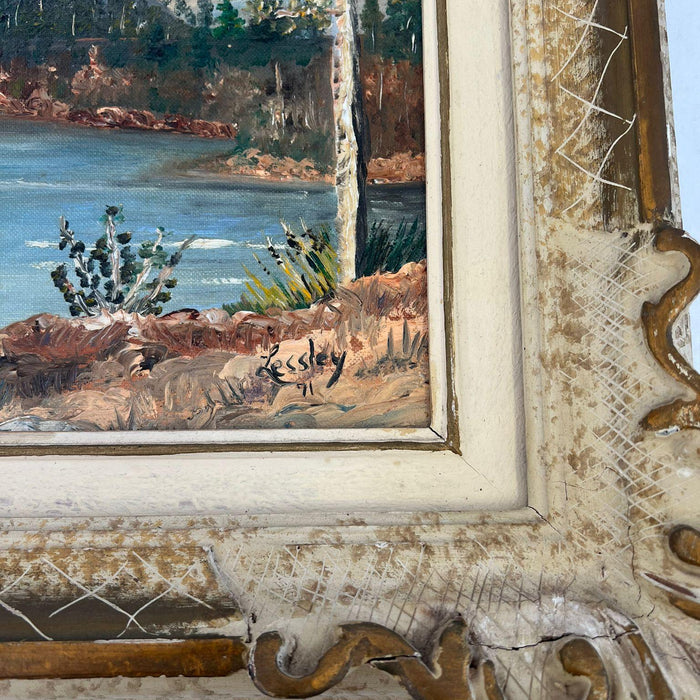 Vintage Teton Mountains Scenic Landscape Framed 1971 painting by F.D. Lessley.