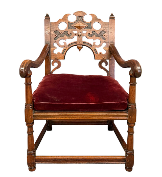 Vintage Tudor Gothic Revival Style Arm Chair with Intricate Carvings With Removable Original Upholstered Seat