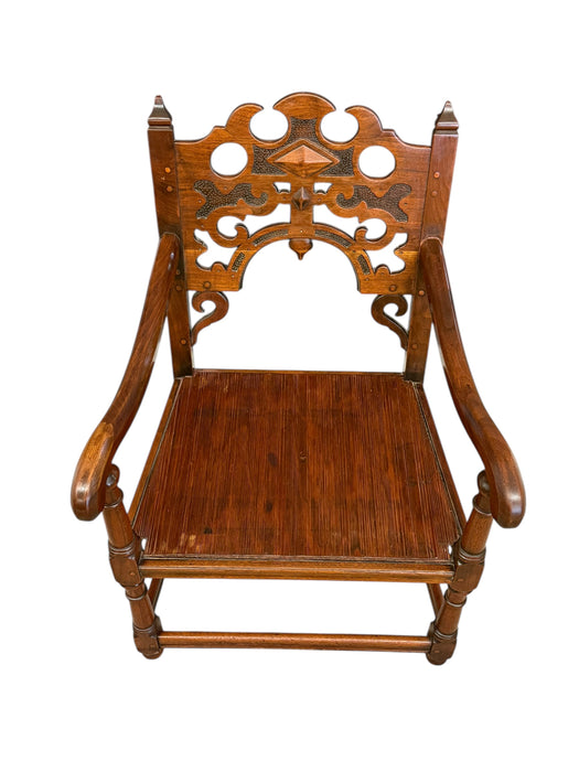 Vintage Tudor Gothic Revival Style Arm Chair with Intricate Carvings With Removable Original Upholstered Seat