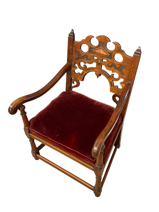 Vintage Tudor Gothic Revival Style Arm Chair with Intricate Carvings With Removable Original Upholstered Seat