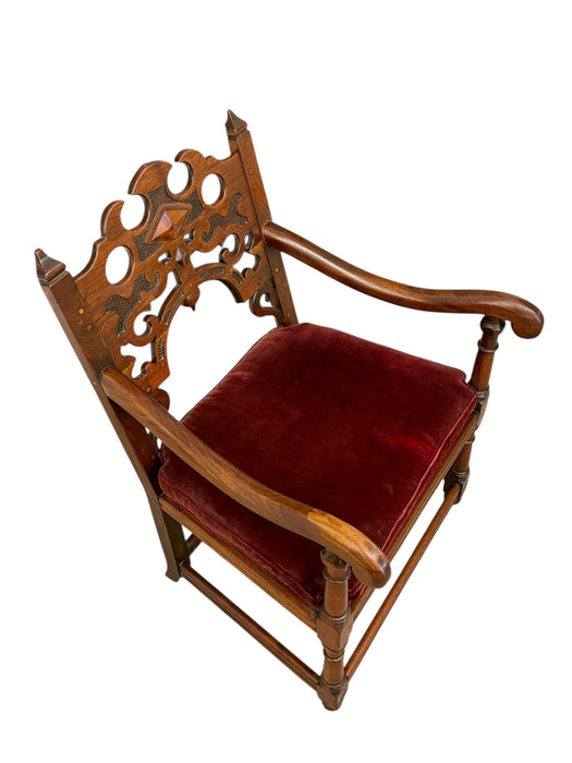 Vintage Tudor Gothic Revival Style Arm Chair with Intricate Carvings With Removable Original Upholstered Seat