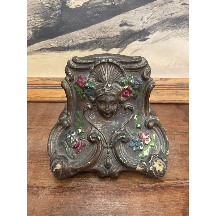 Vintage Weighted Bookend with Motif of Woman and Flowers