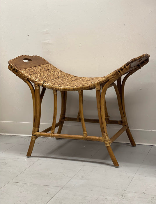 Vintage Wicker Bamboo Curved Bench Rustic Bench