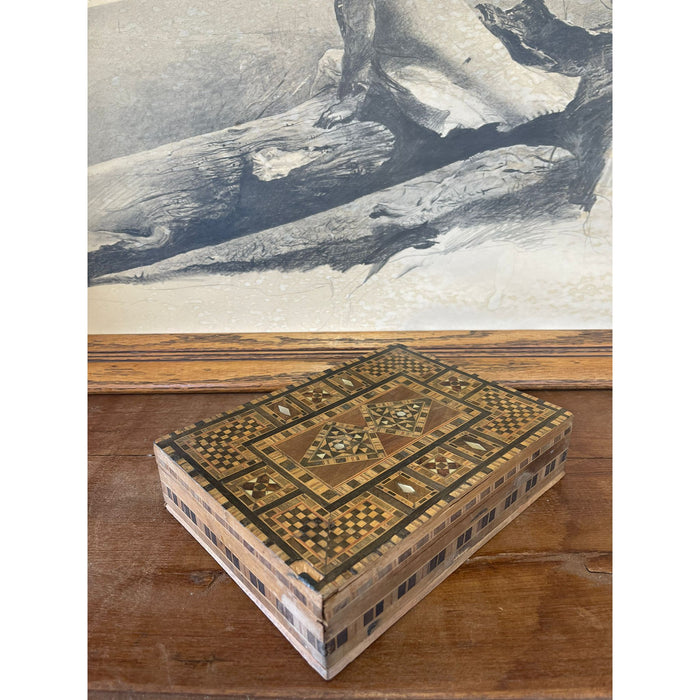 Vintage Wooden Box Inlayed Wooden Mosaic