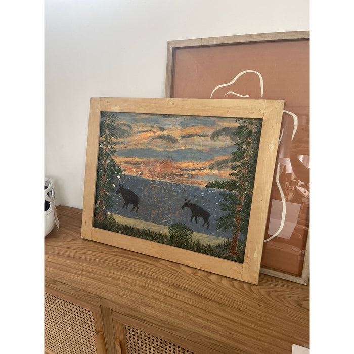 Vintage Wooden Frame Abstract Nature Drawing Possibly Pastel