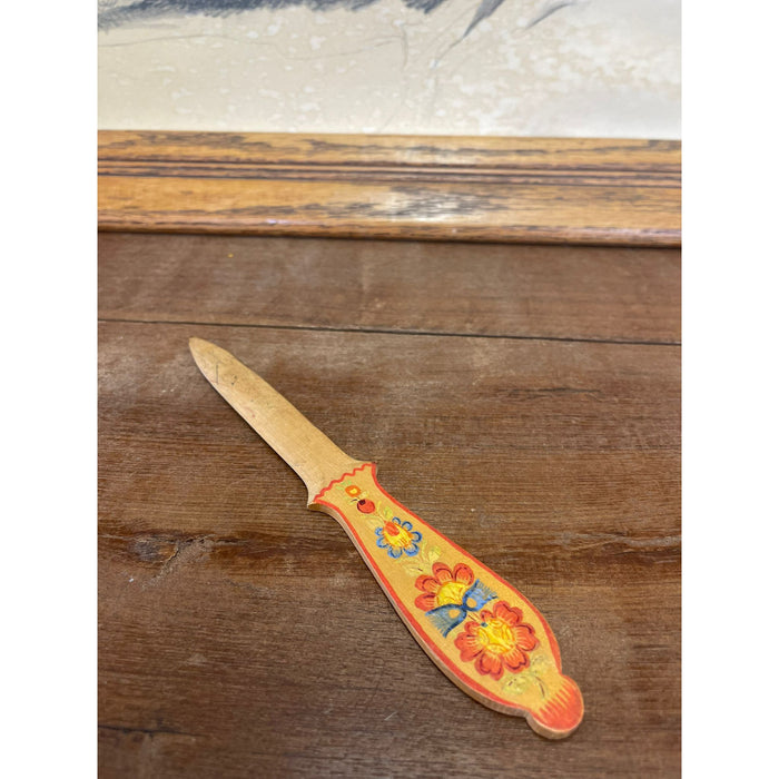Vintage Wooden Letter Opener With Folk Style Art on Handles.