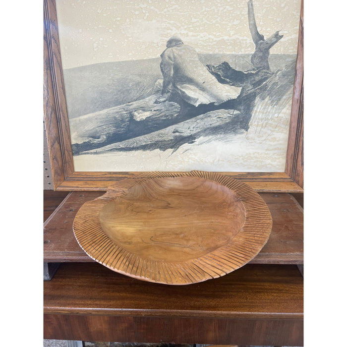 Vintage Wooden Platter Stripe Designed Edge Splits Consistant with Age
