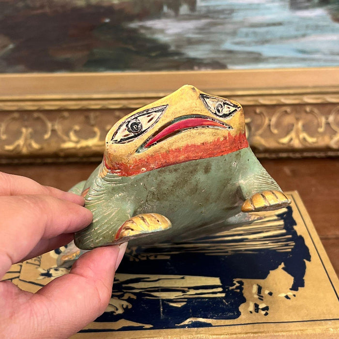 Vintage hand carved and hand painted wooden Frog Figurine