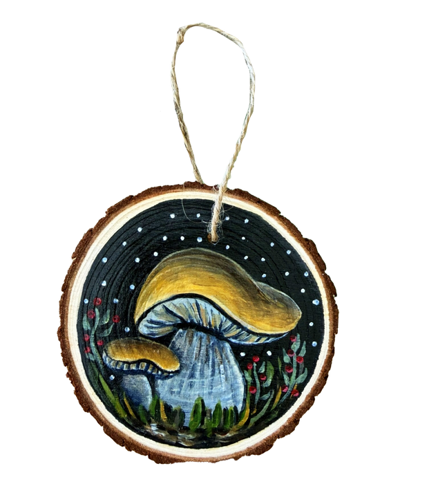 Whimsical Hand-Painted Mushroom Wood Slice Ornament