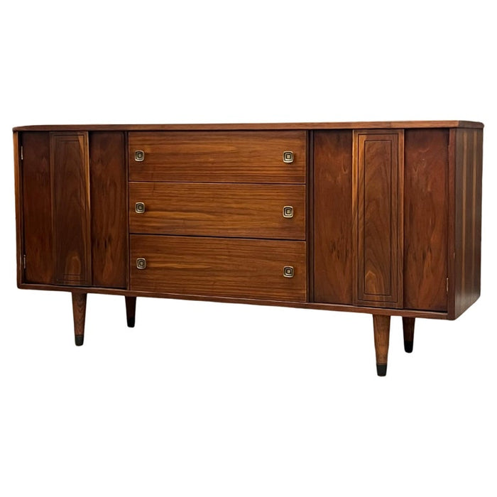 Vintage Mid Century Modern Walnut Wood Credenza Buffet 3 Drawers with Milled Metallic Knobs