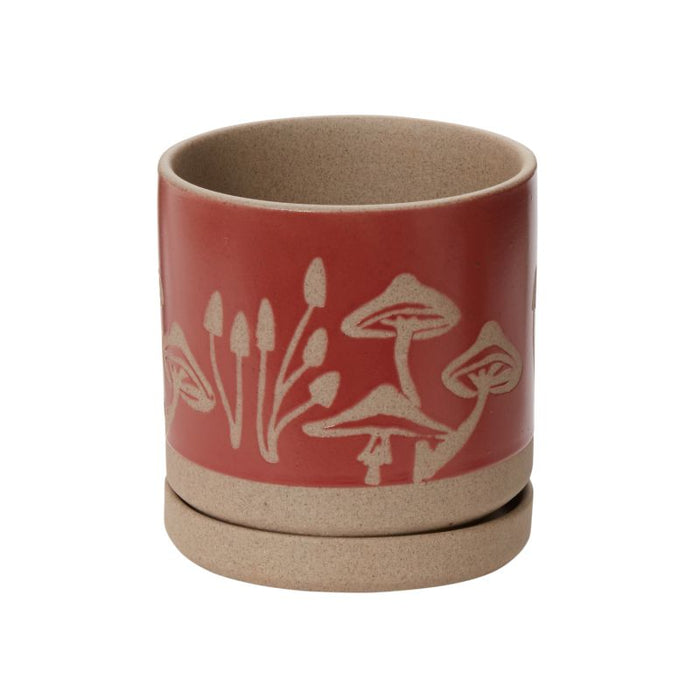 5” Brand New Sandstone Pot with Mushroom Scene Drainage Tray