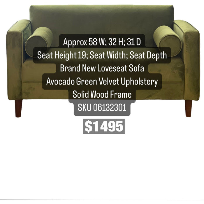 Free Curbside Delivery within 15 Miles - Brand New Loveseat Sofa Avocado Green Velvet Upholstery Solid Wood Frame