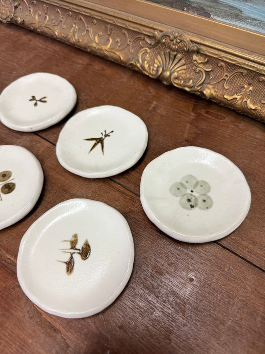 possibly vintage mid century modern style Handmade Ceramic Trinket Dishes Nature-Inspired Botanical Designs. Set of 5