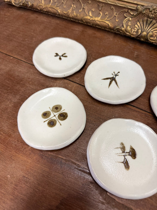 possibly vintage mid century modern style Handmade Ceramic Trinket Dishes Nature-Inspired Botanical Designs. Set of 5