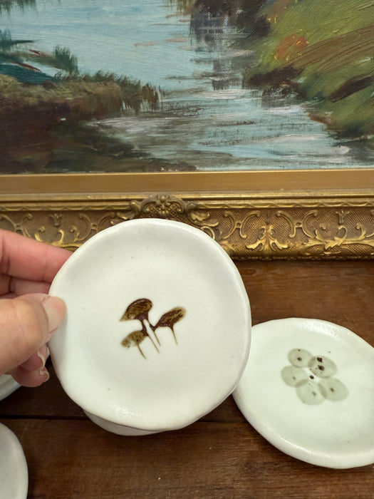 possibly vintage mid century modern style Handmade Ceramic Trinket Dishes Nature-Inspired Botanical Designs. Set of 5