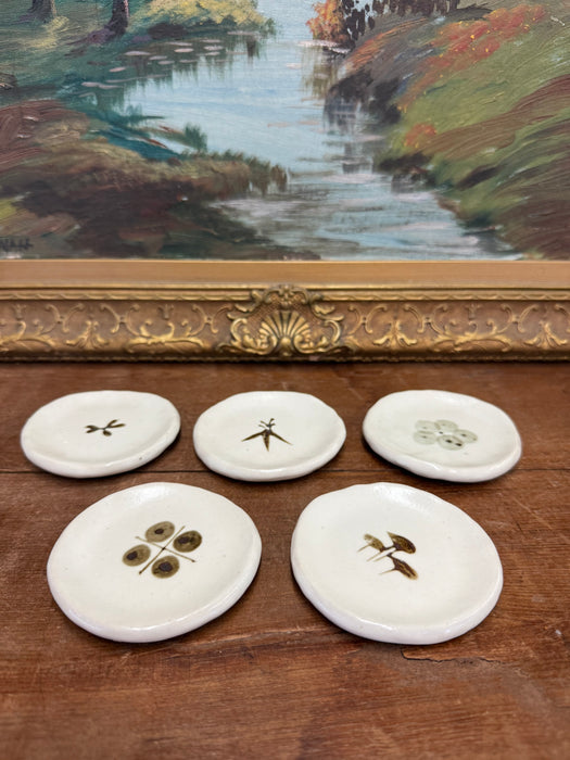 possibly vintage mid century modern style Handmade Ceramic Trinket Dishes Nature-Inspired Botanical Designs. Set of 5