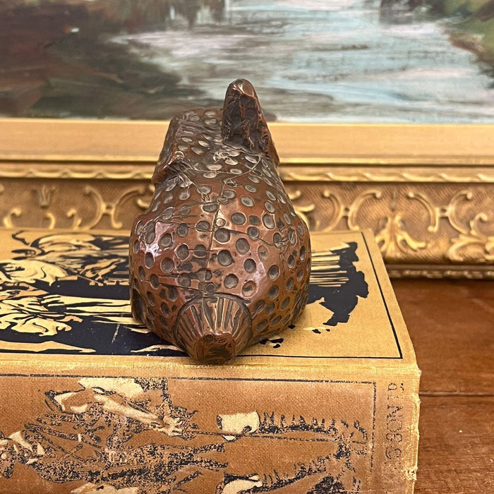 vintage handmade wooden rabbit with possible copper wrapping exterior