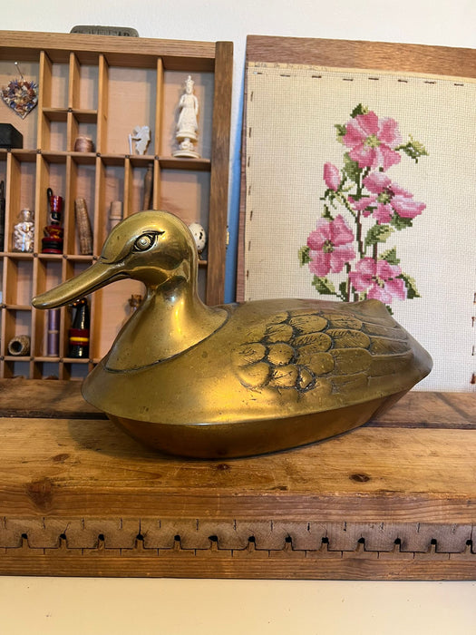 vintage mid century modern style brass duck with lid and bowl