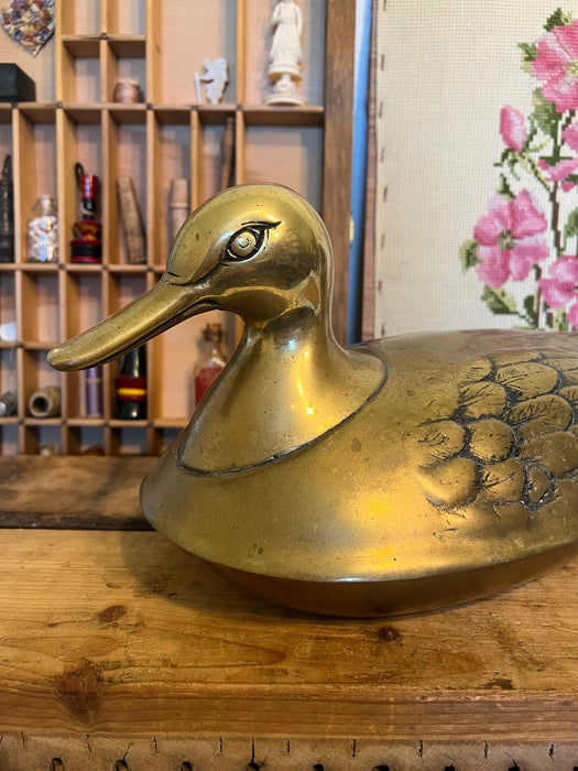 vintage mid century modern style brass duck with lid and bowl