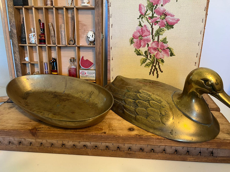 vintage mid century modern style brass duck with lid and bowl