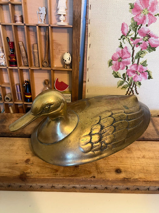 vintage mid century modern style brass duck with lid and bowl