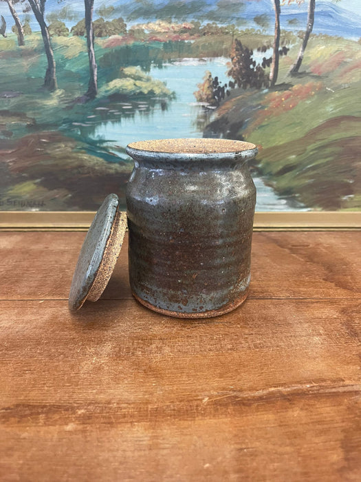 vintage stamped stoneware jar with lid