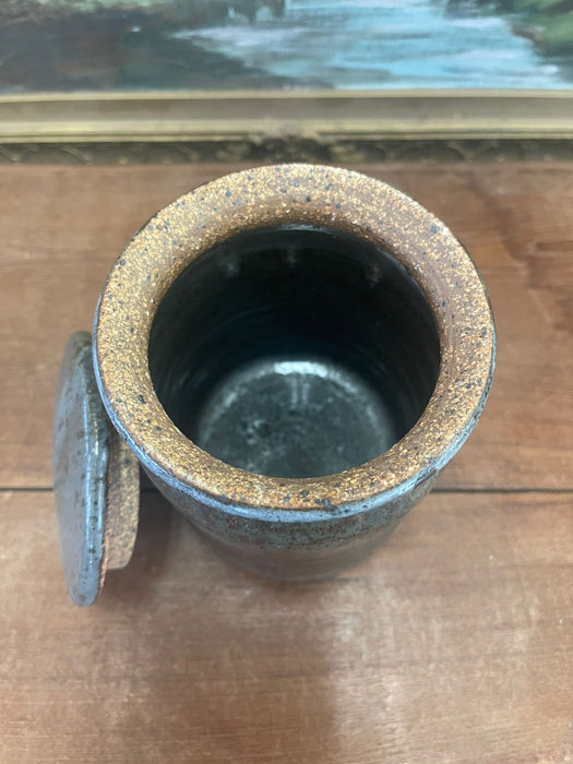vintage stamped stoneware jar with lid