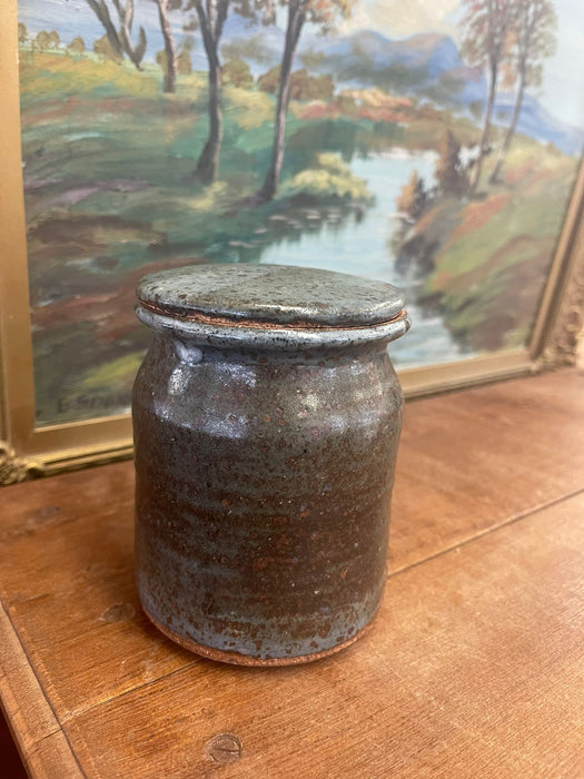 vintage stamped stoneware jar with lid