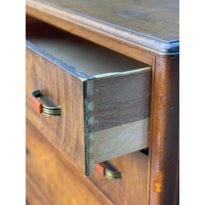 Vintage Art Deco Retro Walnut and Mahogany Burl Wood Dresser Dovetailed Drawers (Available by online purchase only)