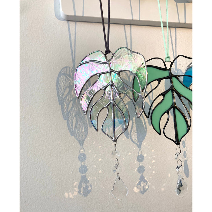 Glass Monstera Leaf with Rainbow Making Crystal