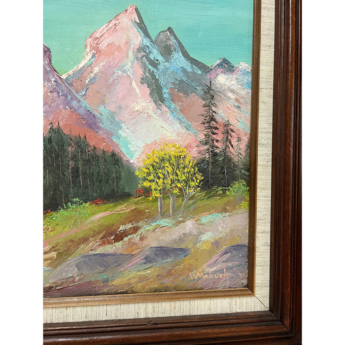 Vintage Framed Painting on Canvas Dt 1987 There is Artist Note on the Back titling the Piece ‘ Sunrise on the Tetors’ and Signed by WS Makuch