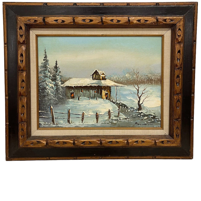 Vintage Signed Painting of Winter Cabin on Canvas
