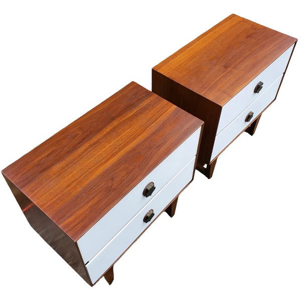 Vintage Mid Century Modern 2 Drawer End Table Set Walnut Wood Spade Metal Hardware