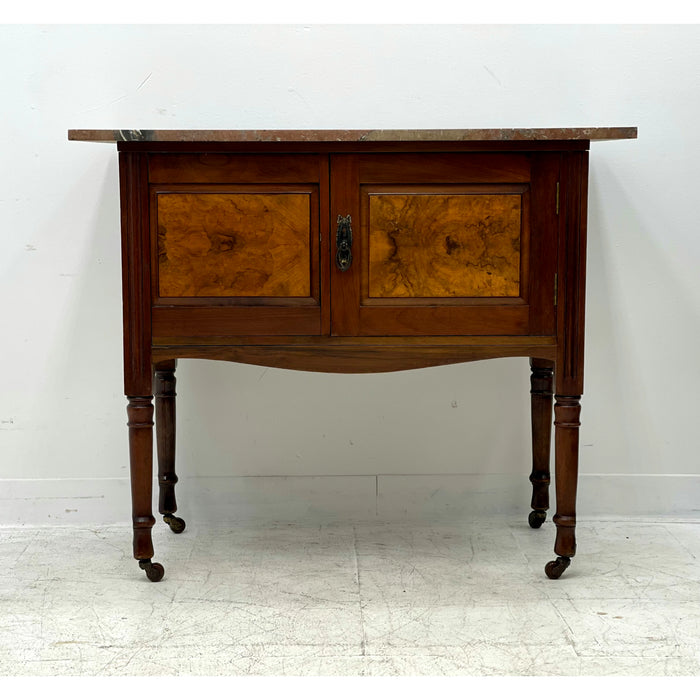 Antique Early 20th Century Vintage English Walnut Buffet Cabinet With Casters