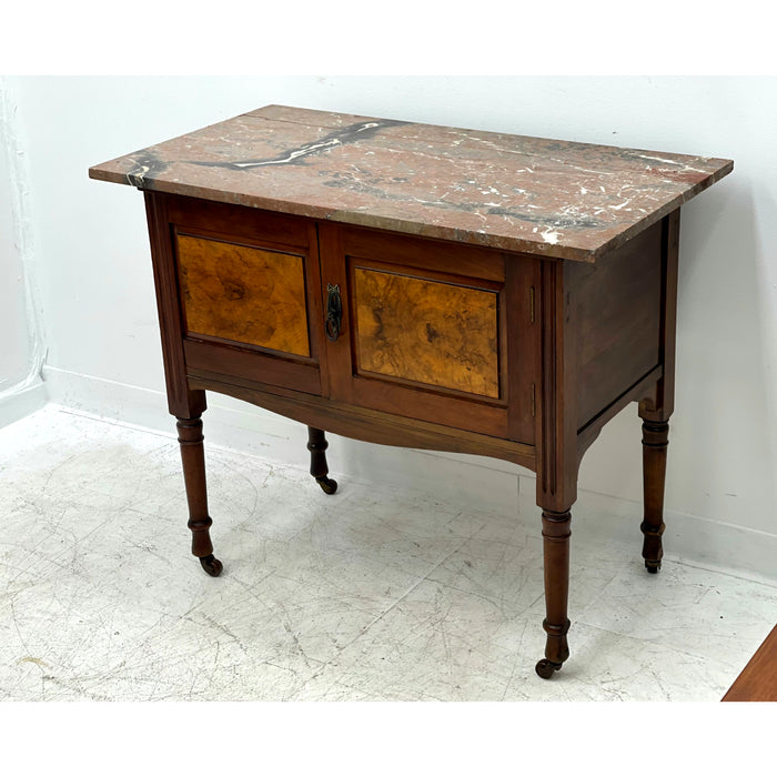 Antique Early 20th Century Vintage English Walnut Buffet Cabinet With Casters