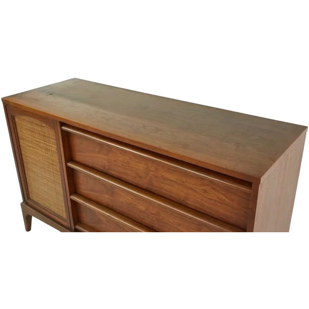 Vintage Mid Century Modern walnut Credenza Dovetail Drawers Reversible Cane Door( Available by Online Purchase Only)