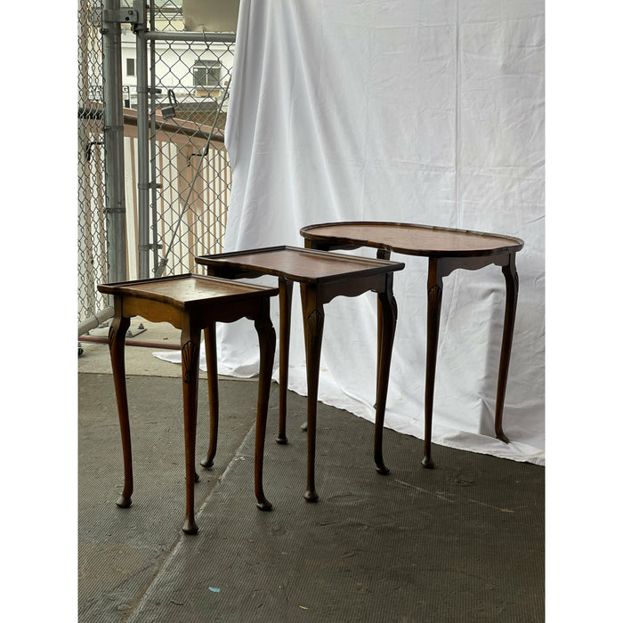 English Antique Burl Wood Nesting End Tables Set