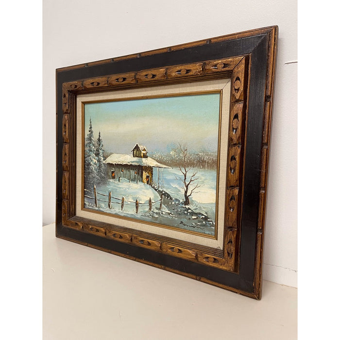 Vintage Signed Painting of Winter Cabin on Canvas