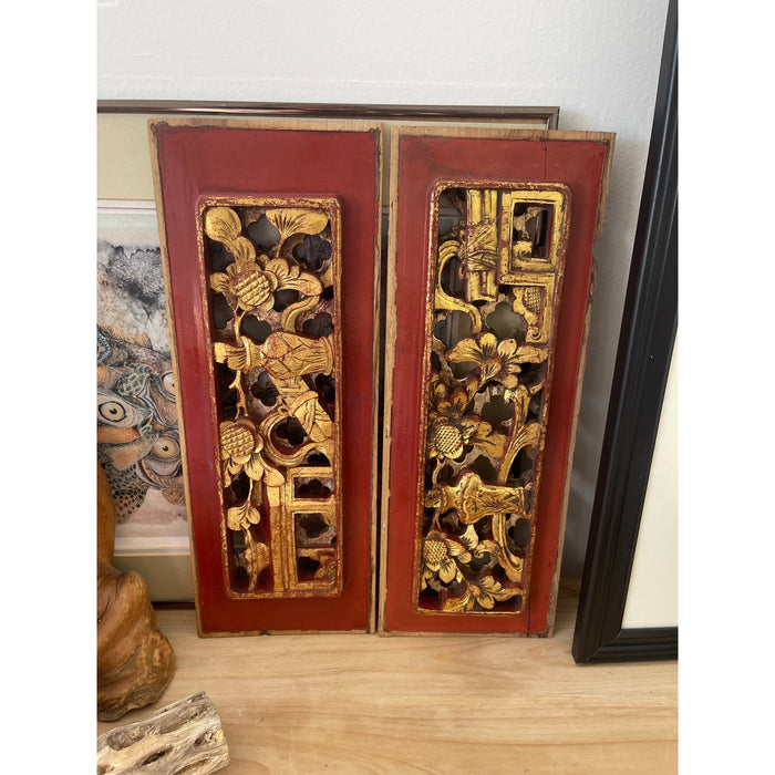 Possibly Antique Wood Panels With Intricate Hand Carving Pair