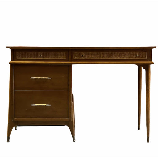 Vintage 1970s Style Retro Mid Century Modern Writing Desk with Cane Detail, Brass Toned Atomic Hardware in the style of Drexel