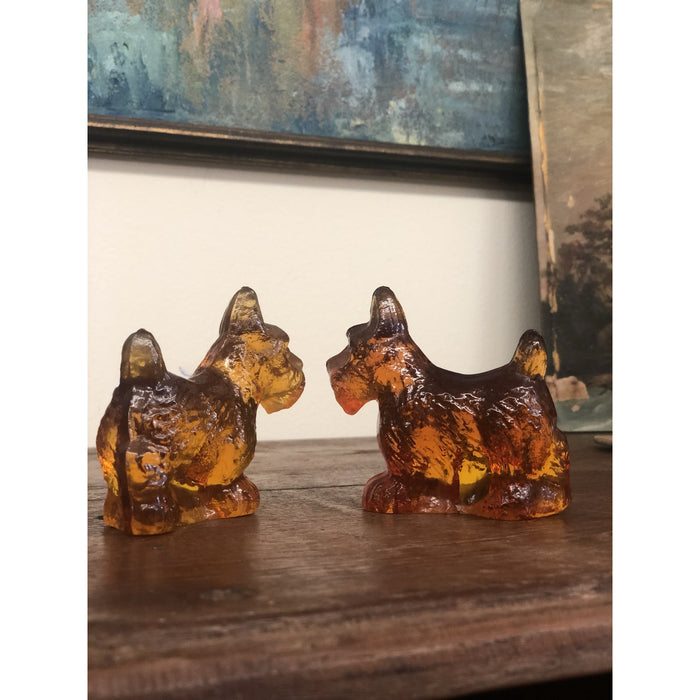 Vintage Amber Glass Scottish Terrier Dog Figurines - Pair
