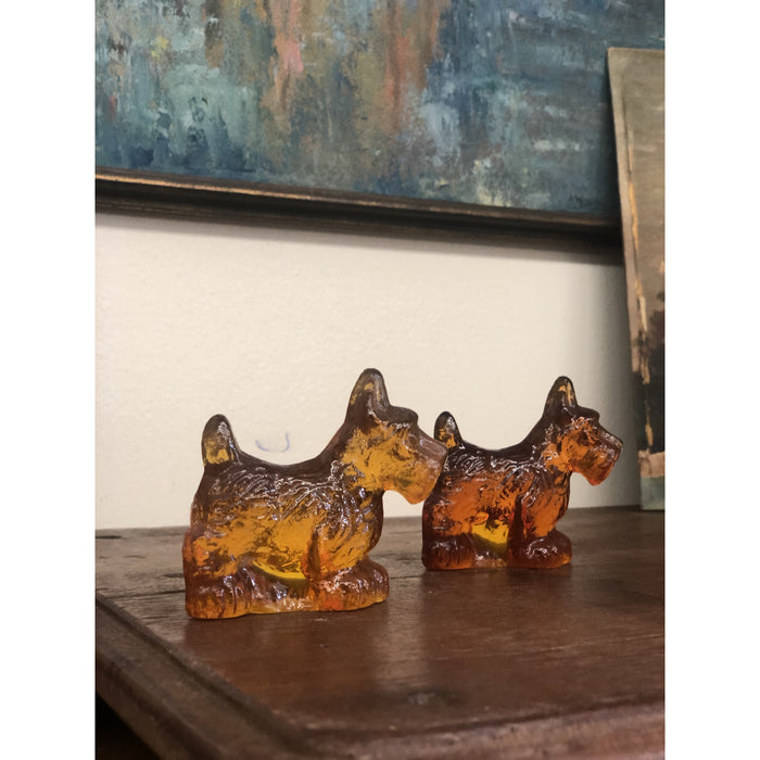 Vintage Amber Glass Scottish Terrier Dog Figurines - Pair