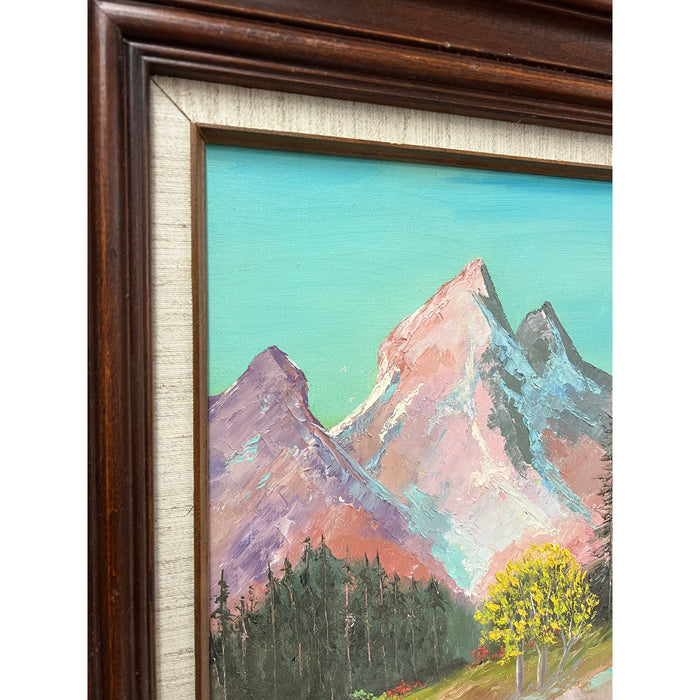 Vintage Framed Painting on Canvas Dt 1987 There is Artist Note on the Back titling the Piece ‘ Sunrise on the Tetors’ and Signed by WS Makuch