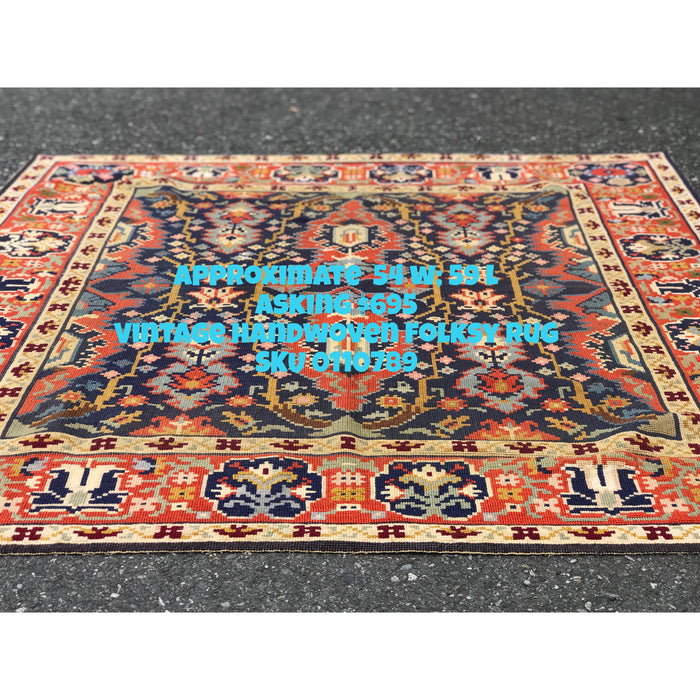 Vintage Handwoven Folk Art Ornamental Area Rug (Available by online purchase only )