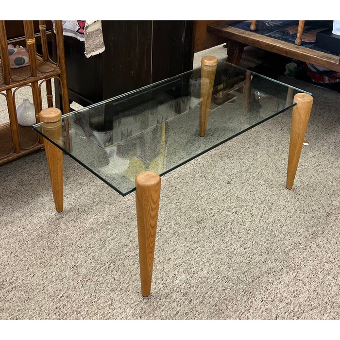 Vintage Mid Century Modern Coffee Table with Glass Top Solid wood Legs