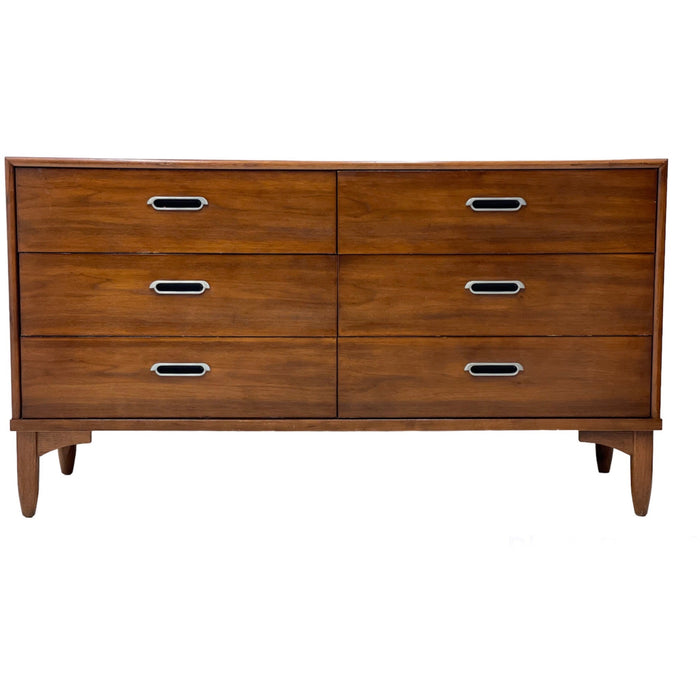 Vintage Mid Century Modern Drexel Lowboy Dresser in Walnut Wood Tone with Dovetail Drawers and Original Hardware