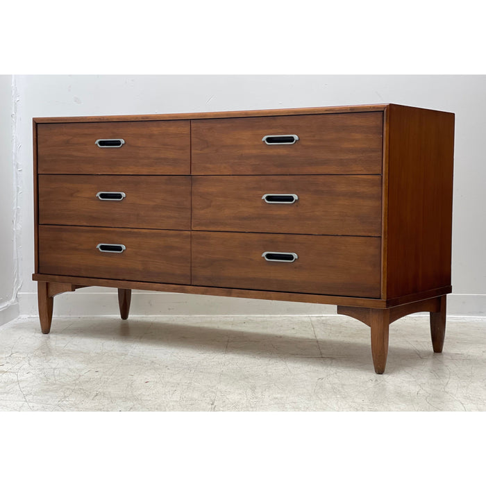 Vintage Mid Century Modern Drexel Lowboy Dresser in Walnut Wood Tone with Dovetail Drawers and Original Hardware