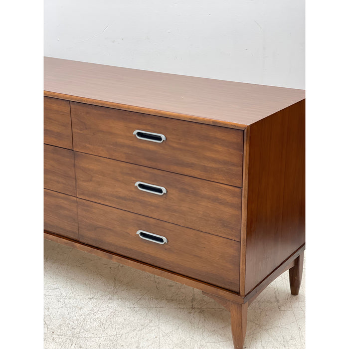 Vintage Mid Century Modern Drexel Lowboy Dresser in Walnut Wood Tone with Dovetail Drawers and Original Hardware