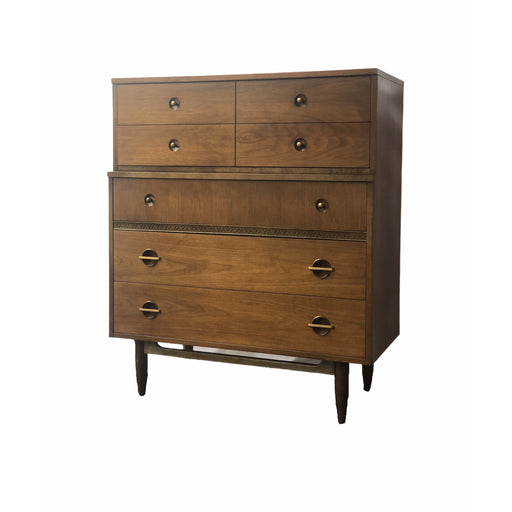 Vintage Mid Century Modern Highboy Walnut Toned Dresser with Elements of Traditional Woodworking with 5 Drawer Storage in the style of Drexel